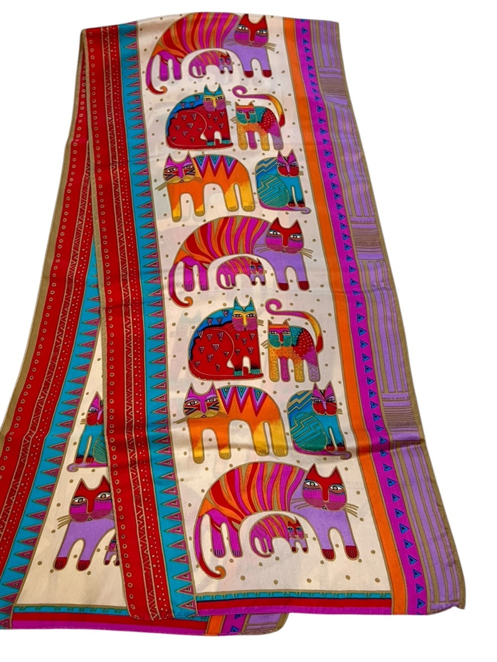Laurel Burch Colorful Fantastic Felines Silk Scarf Rectangle 11.5” by 50”